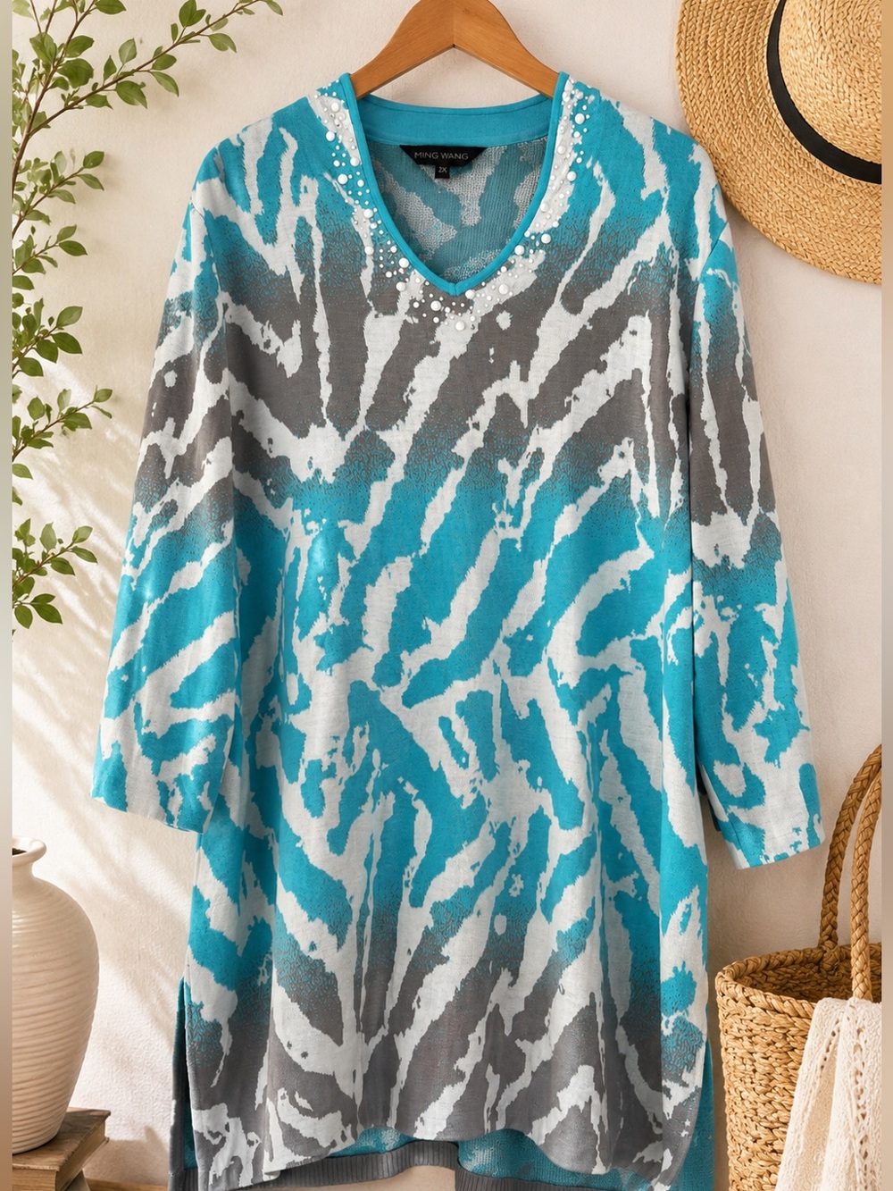 Ming Wang 2X Embellished Animal Print Knit Tunic Sweater Art To Wear Career Plus